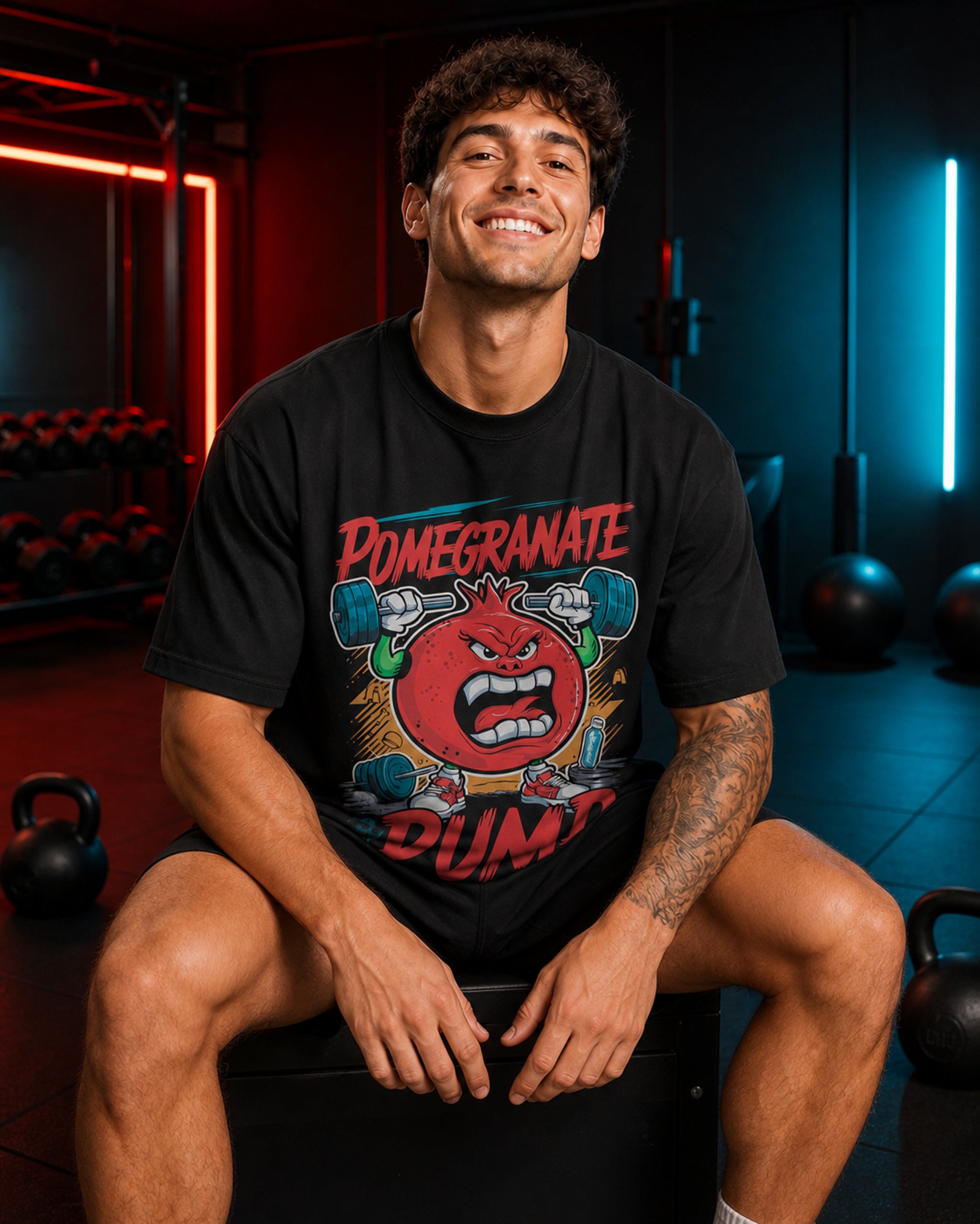 Pomegranate Pump Gym Oversized T-Shirt black oversized T-shirt product mockup