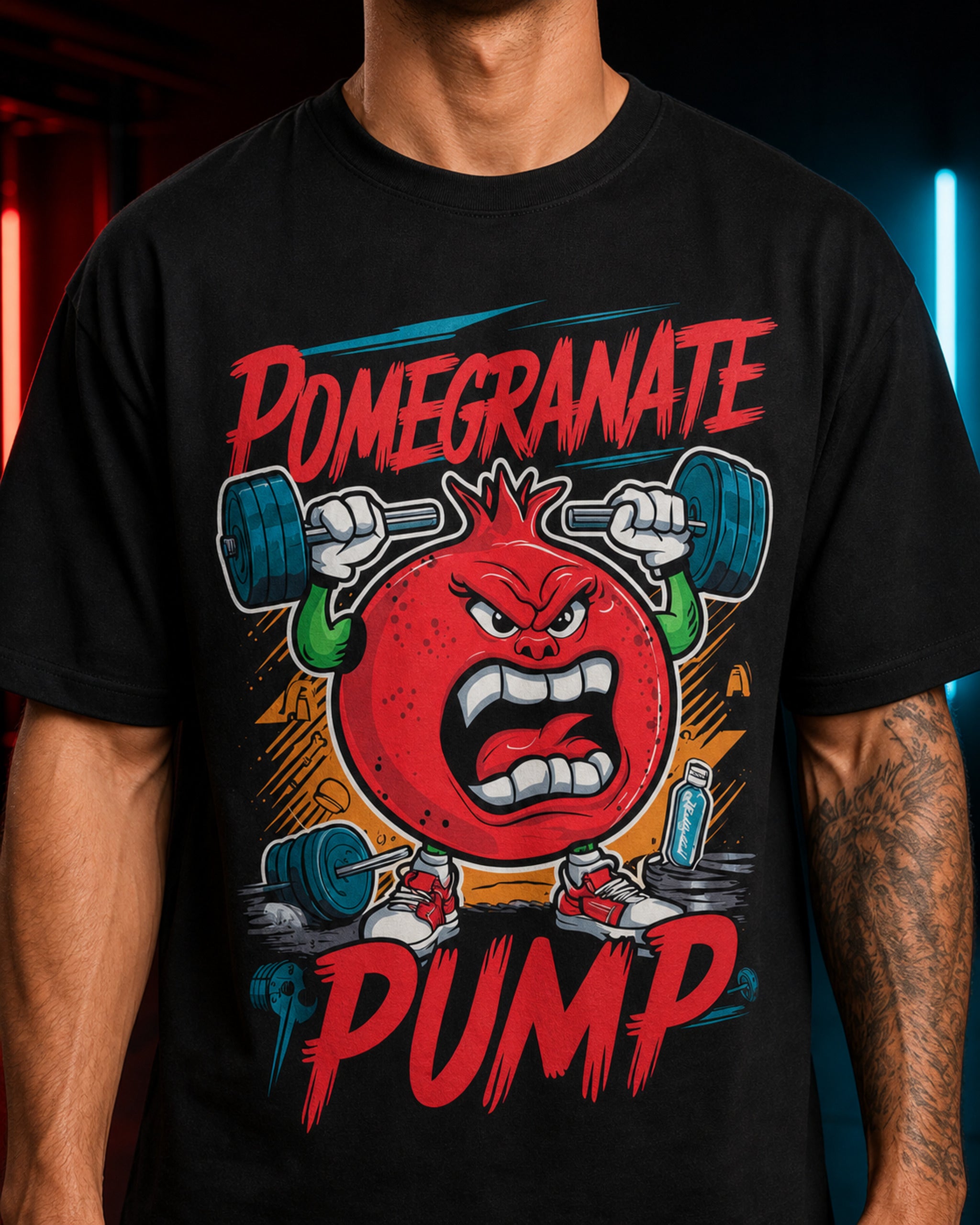 Pomegranate Pump Gym Oversized T-Shirt black oversized T-shirt product mockup