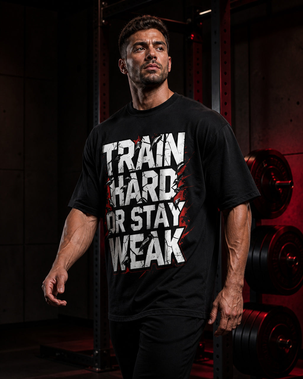Train Hard Or Stay Weak Oversized T-Shirt black oversized T-shirt product mockup
