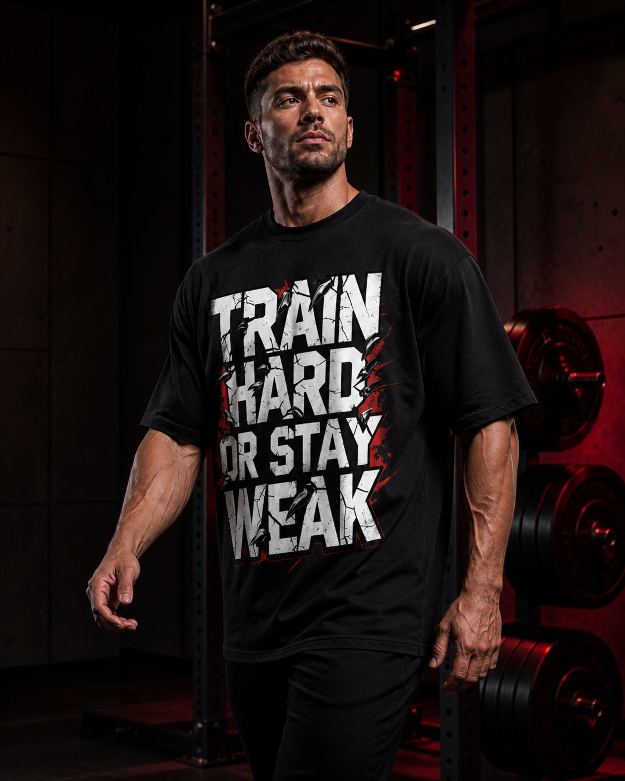 Train Hard Or Stay Weak Oversized T-Shirt black oversized T-shirt product mockup