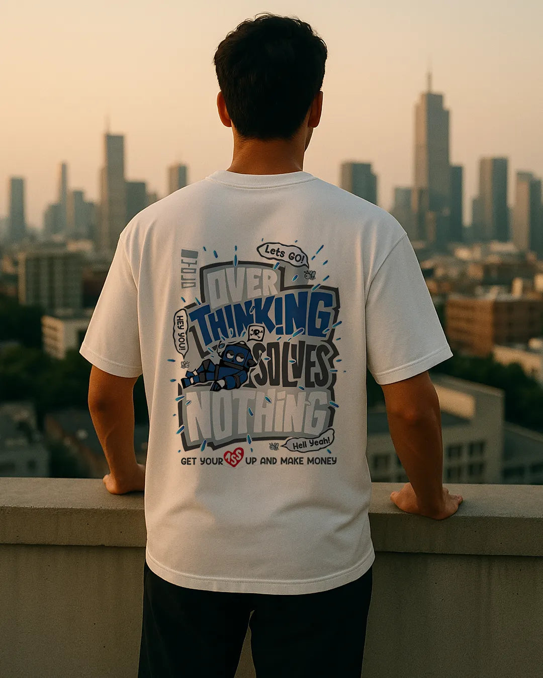 Overthinking Solves Nothing Graphic T Shirt Motivational Cartoon Tee image 3
