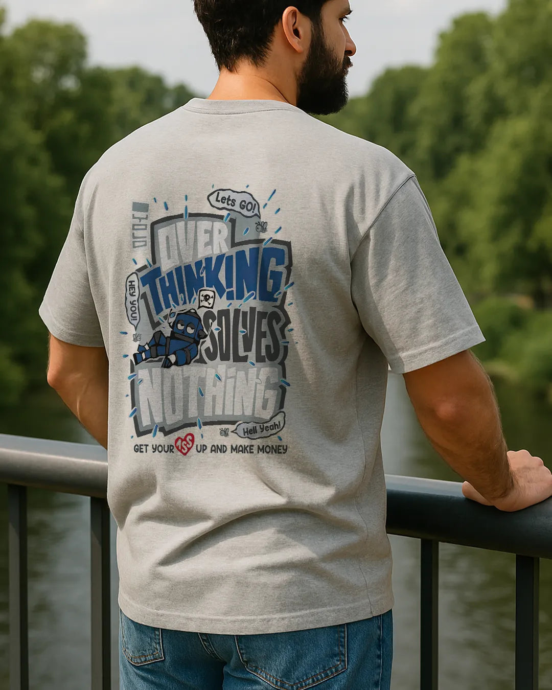 Overthinking Solves Nothing Graphic T Shirt Motivational Cartoon Tee image 4