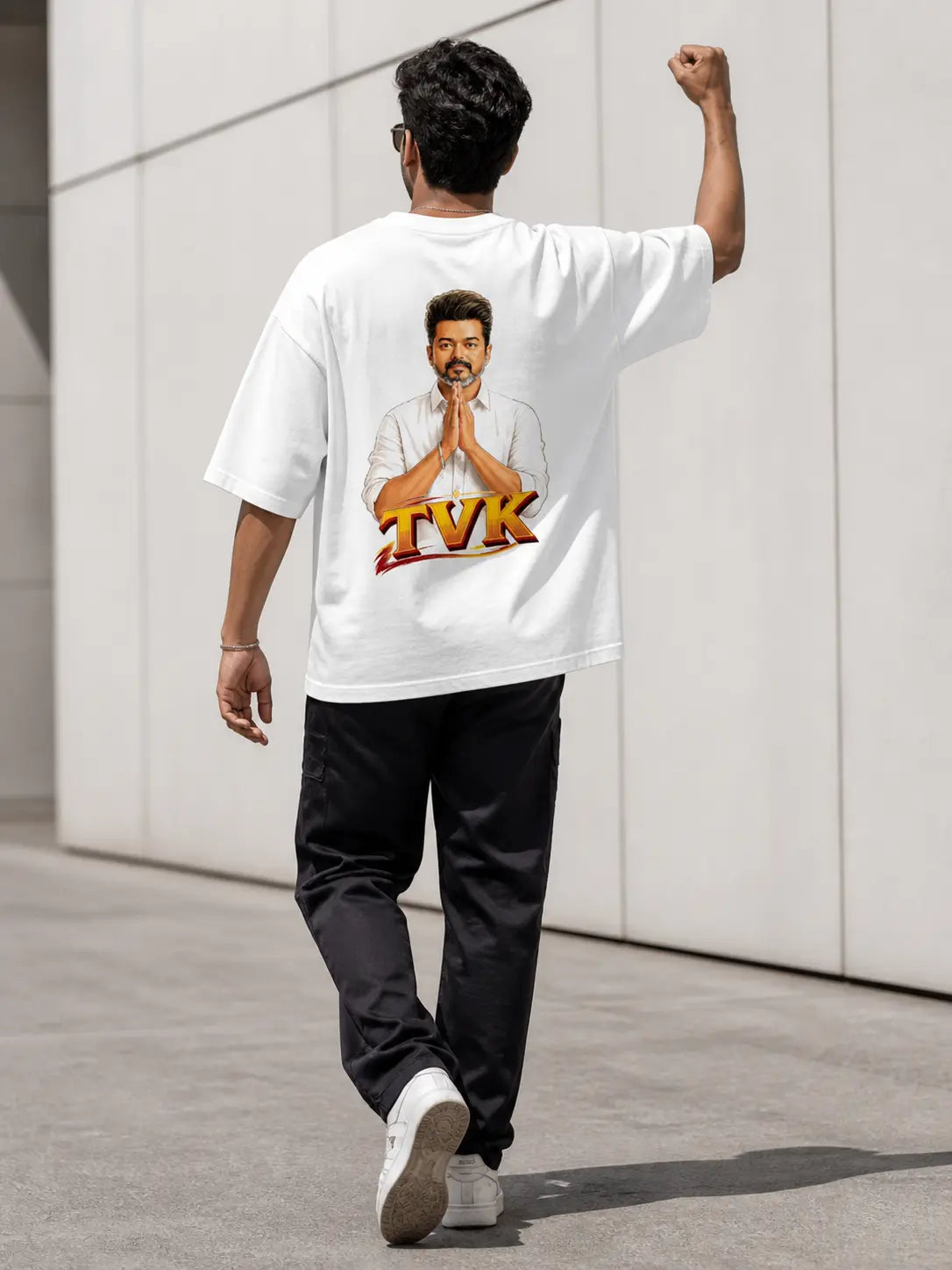 Thalapathy Vijay TVK party white t-shirt front view streetwear