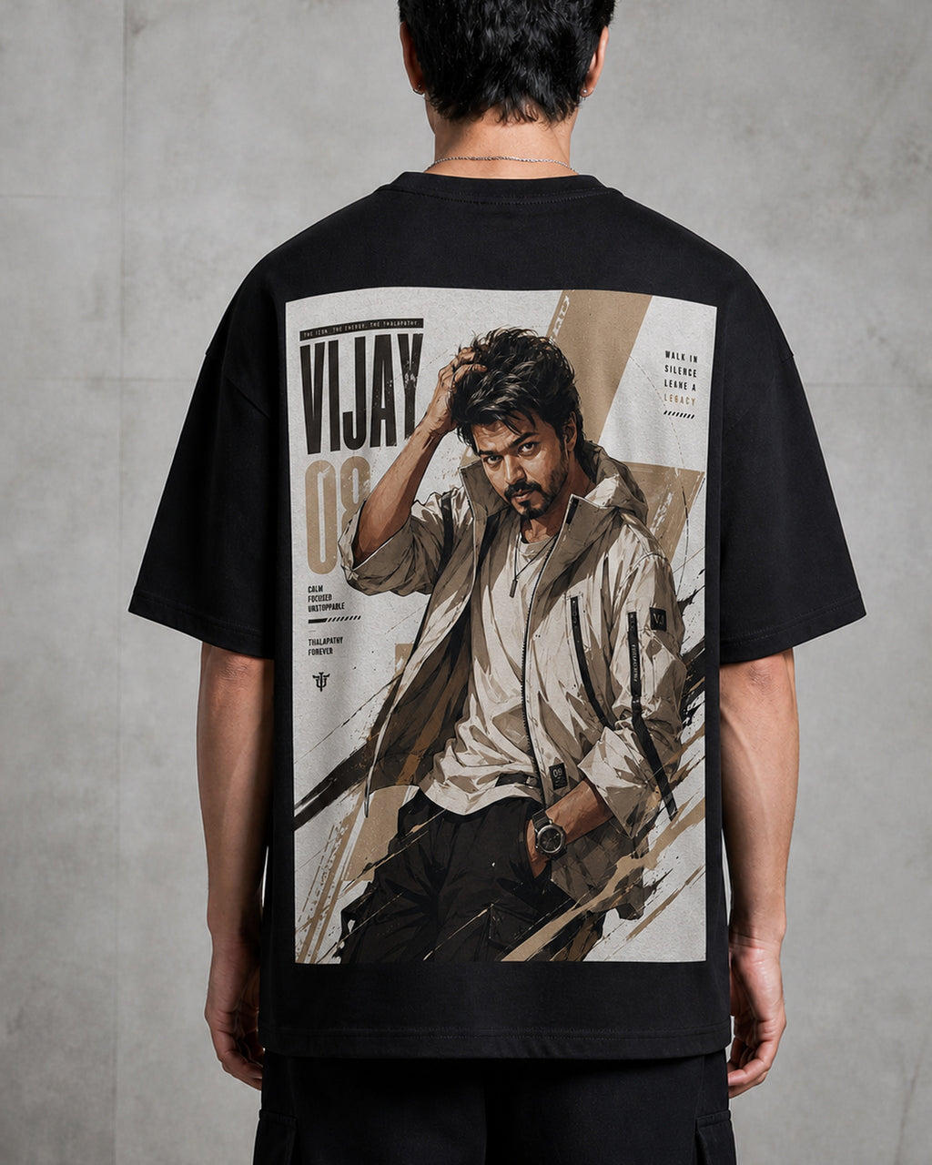Thalapathy Vijay Legacy Oversized T-Shirt black oversized T-shirt back hero