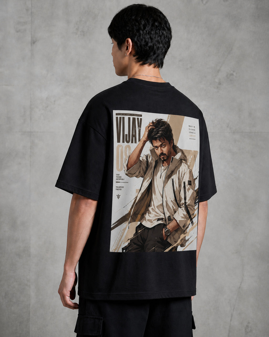 Thalapathy Vijay Legacy Oversized T-Shirt black oversized T-shirt back left angle
