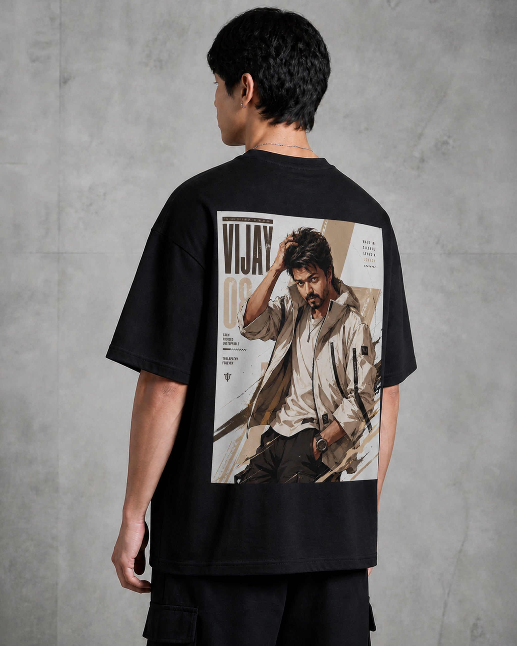 Thalapathy Vijay Legacy Oversized T-Shirt black oversized T-shirt back left angle