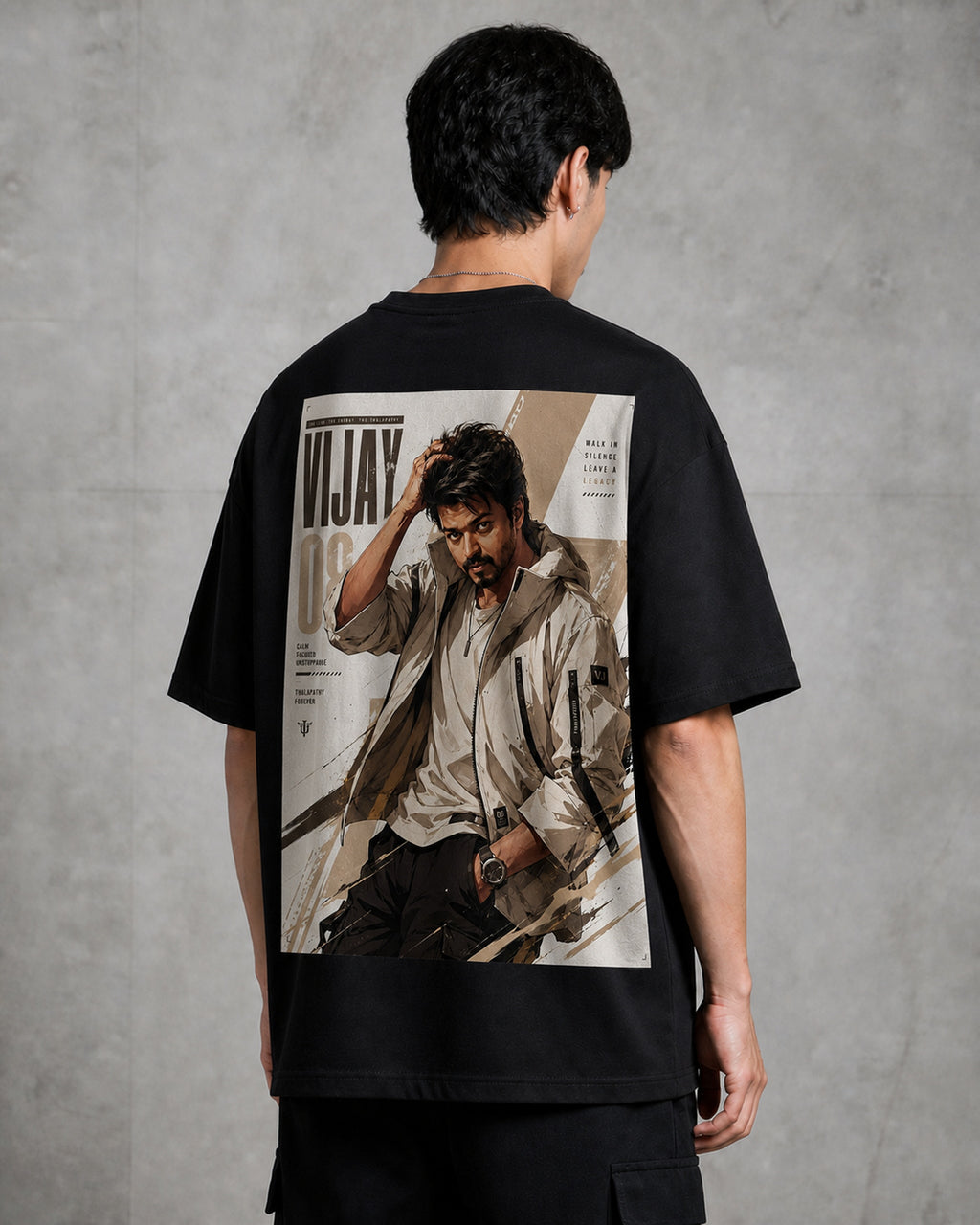 Thalapathy Vijay Legacy Oversized T-Shirt black oversized T-shirt back right angle
