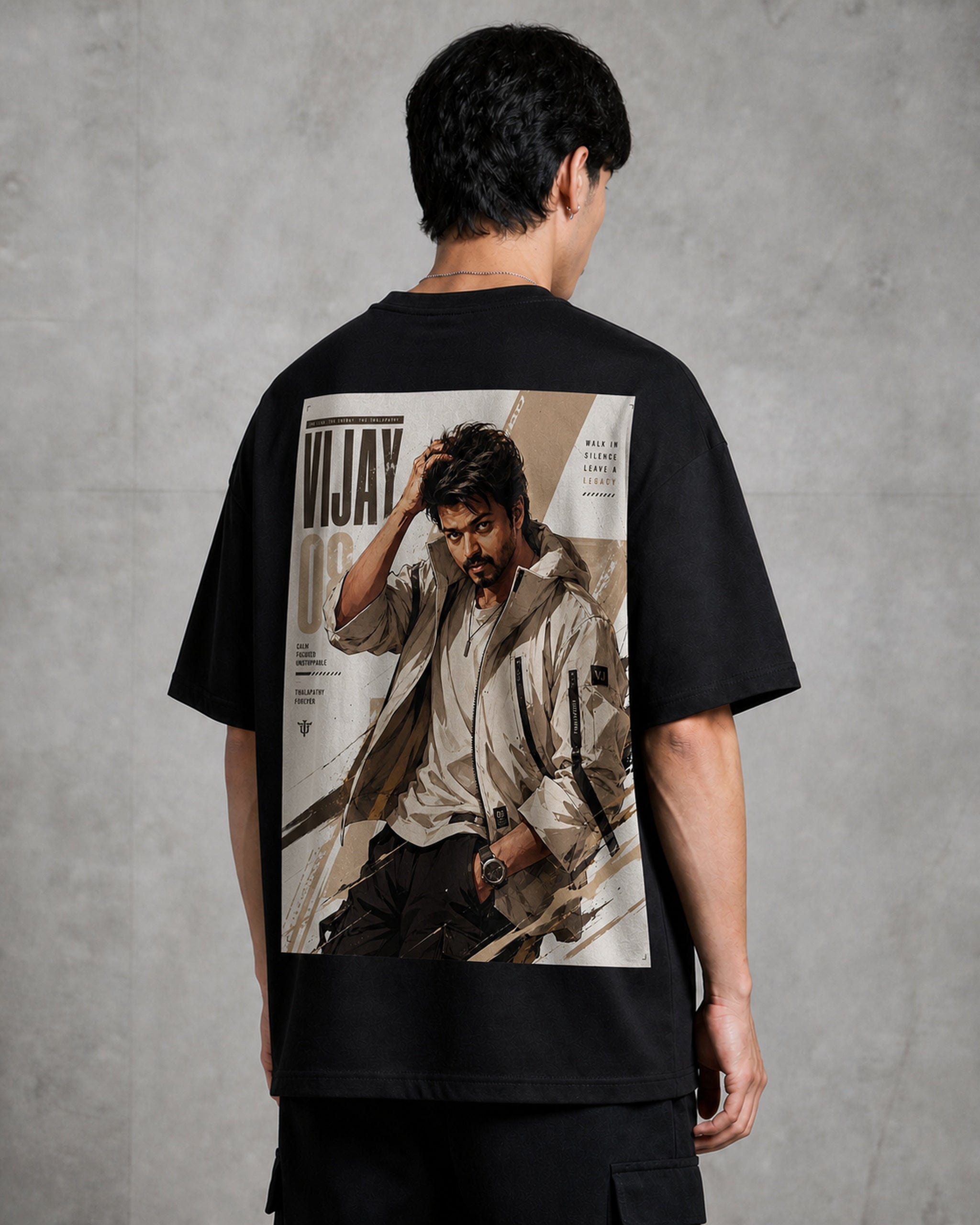 Thalapathy Vijay Legacy Oversized T-Shirt black oversized T-shirt back right angle