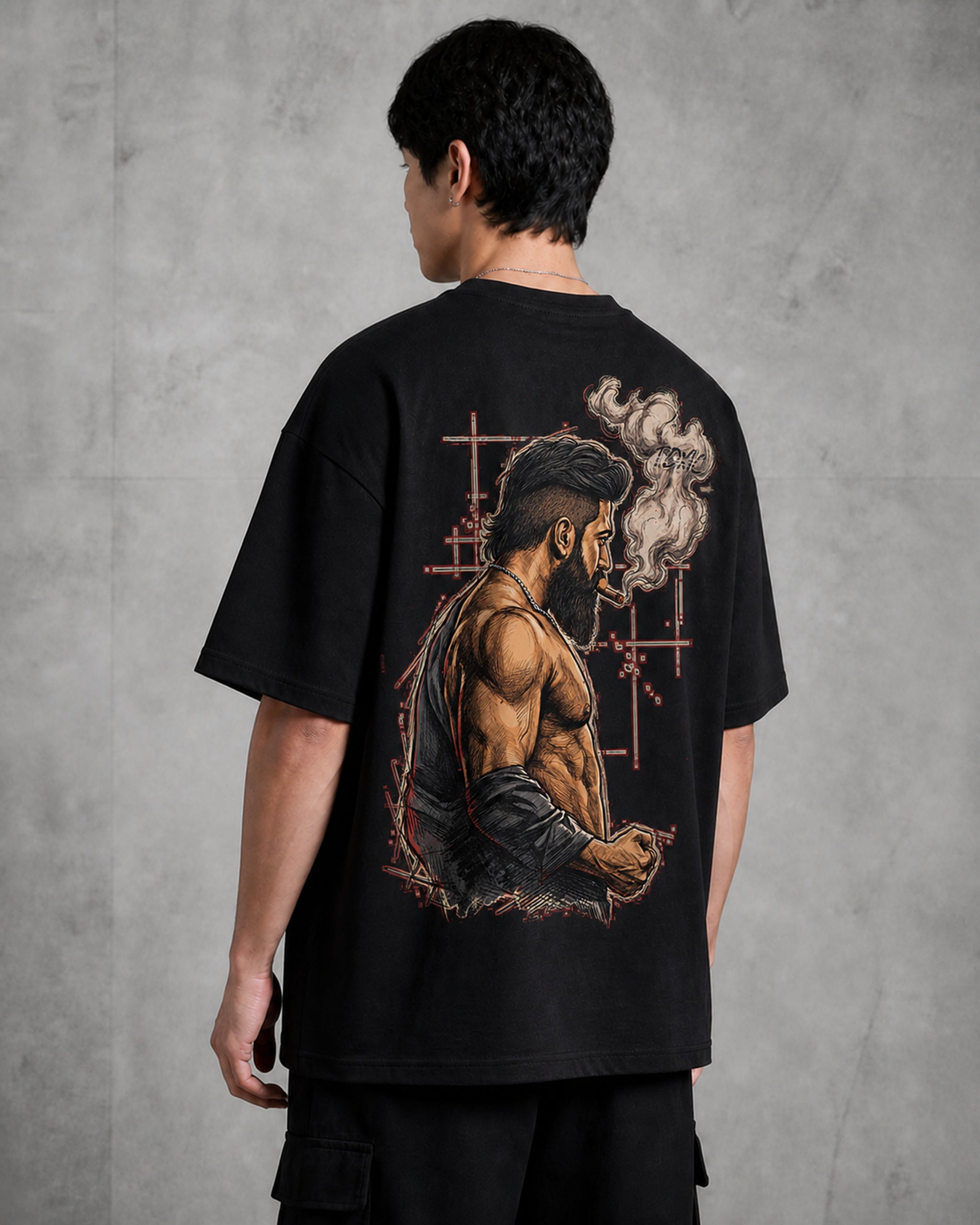 Toxic Smoke Sketch Oversized T-Shirt black oversized T-shirt back left angle