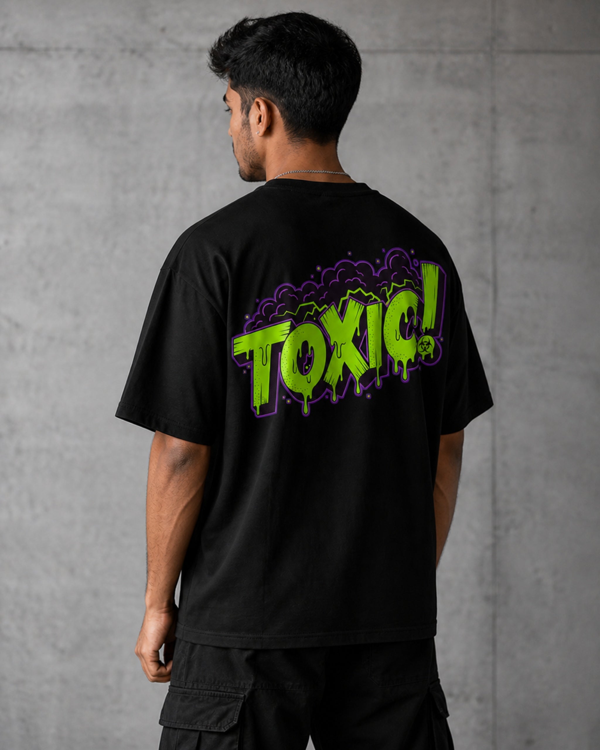 Toxic Noir Collage Oversized T-Shirt black oversized T-shirt back left angle