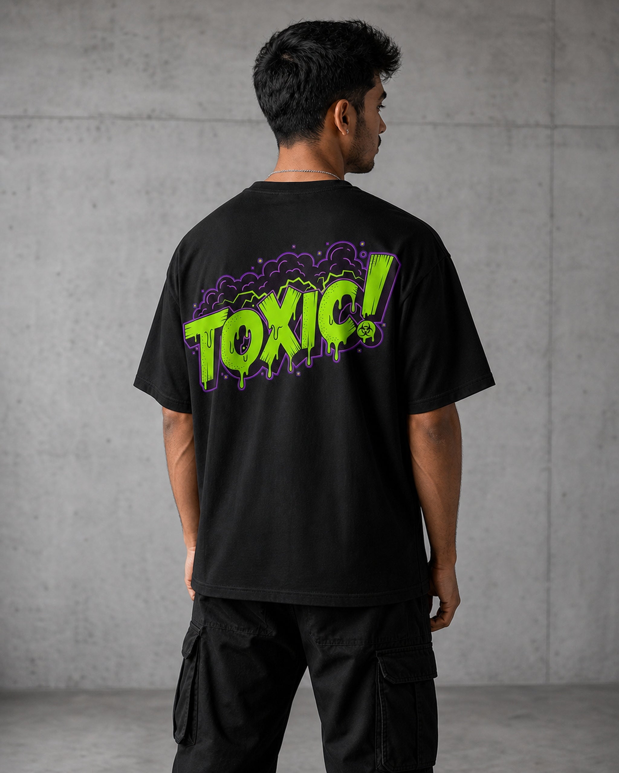 Toxic Noir Collage Oversized T-Shirt black oversized T-shirt back right angle